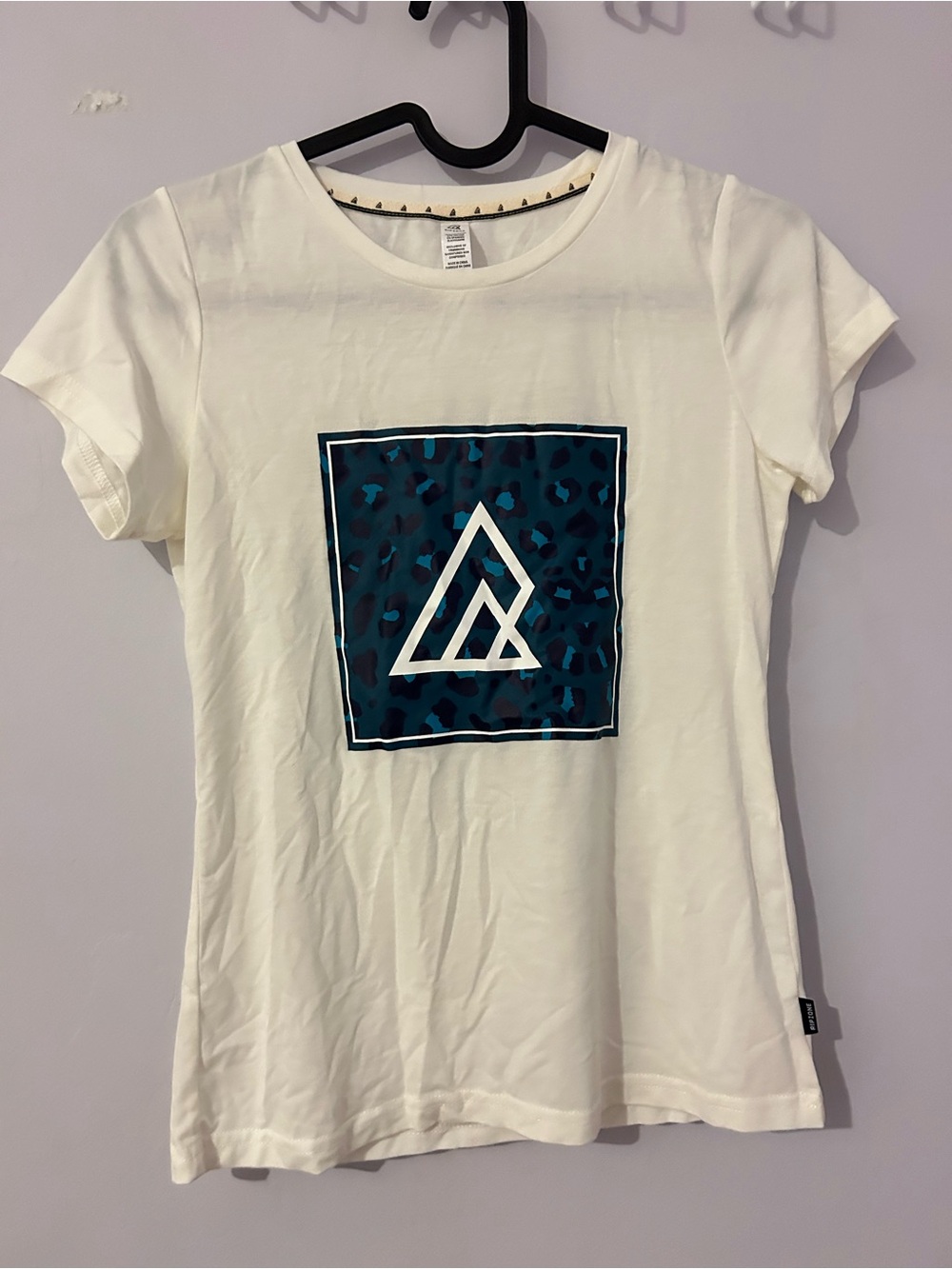 Women’s White Crew Neck Tee with Teal Square Graphic